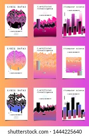 Set of vector posters with plots and infographic charts. Collection of glitch art retrofuturistic covers for programming events. Cyberpunk/ vaporwave/ retrowave style design template.