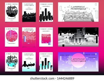 Set of vector posters with plots and infographic charts. Collection of glitch art retrofuturistic covers for programming events. Cyberpunk/ vaporwave/ retrowave style design template.