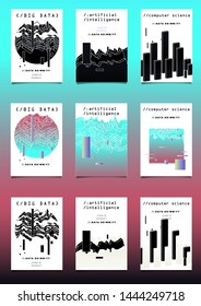 Set of vector posters with plots and infographic charts. Collection of glitch art retrofuturistic covers for programming events. Cyberpunk/ vaporwave/ retrowave style design template.