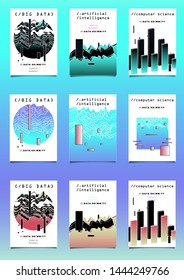 Set of vector posters with plots and infographic charts. Collection of glitch art retrofuturistic covers for programming events. Cyberpunk/ vaporwave/ retrowave style design template.