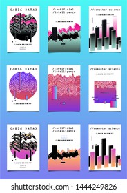 Set of vector posters with plots and infographic charts. Collection of glitch art retrofuturistic covers for programming events. Cyberpunk/ vaporwave/ retrowave style design template.