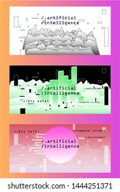 Set of vector posters with plots and infographic charts. Collection of glitch art retrofuturistic covers for programming events. Cyberpunk/ vaporwave/ retrowave style design template.