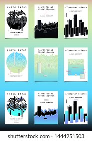 Set of vector posters with plots and infographic charts. Collection of glitch art retrofuturistic covers for programming events. Cyberpunk/ vaporwave/ retrowave style design template.