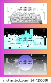 Set of vector posters with plots and infographic charts. Collection of glitch art retrofuturistic covers for programming events. Cyberpunk/ vaporwave/ retrowave style design template.