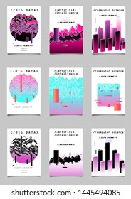 Set of vector posters with plots and infographic charts. Collection of glitch art retrofuturistic covers for programming and coding events. Cyberpunk/ vaporwave/ retrowave style design template.