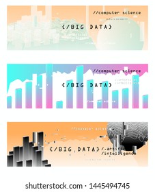 Set of vector posters with plots and infographic charts. Collection of glitch art retrofuturistic covers for programming and coding events. Cyberpunk/ vaporwave/ retrowave style design template.
