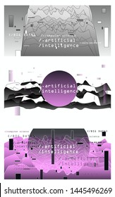 Set of vector posters with plots and infographic charts. Collection of glitch art retrofuturistic covers for programming and coding events. Cyberpunk/ vaporwave/ retrowave style design template.