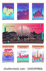 Set of vector posters with plots and infographic charts. Collection of glitch art retrofuturistic covers for programming and coding events. Cyberpunk/ vaporwave/ retrowave style design template.