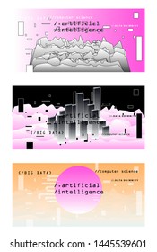 Set of vector posters with plots and infographic charts. Collection of glitch art retrofuturistic covers for programming and coding events. Cyberpunk/ vaporwave/ retrowave style design template.