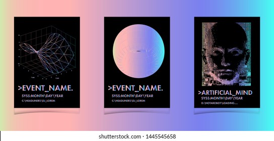 Set of vector posters with plots and infographic charts. Collection of glitch art retrofuturistic covers for programming and coding events. Cyberpunk/ vaporwave/ retrowave style design template.