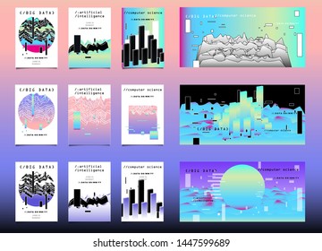 Set of vector posters with plots and infographic charts. Collection of glitch art retrofuturistic covers for programming and coding events. Cyberpunk/ vaporwave/ retrowave style design template.