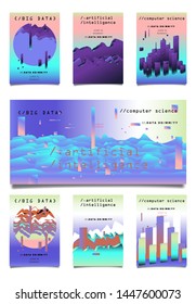 Set of vector posters with plots and infographic charts. Collection of glitch art retrofuturistic covers for programming and coding events. Cyberpunk/ vaporwave/ retrowave style design template.