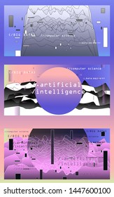 Set of vector posters with plots and infographic charts. Collection of glitch art retrofuturistic covers for programming and coding events. Cyberpunk/ vaporwave/ retrowave style design template.