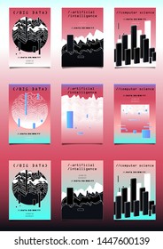 Set of vector posters with plots and infographic charts. Collection of glitch art retrofuturistic covers for programming and coding events. Cyberpunk/ vaporwave/ retrowave style design template.