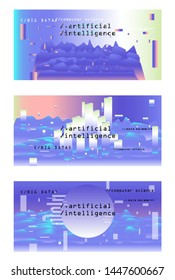 Set of vector posters with plots and infographic charts. Collection of glitch art retrofuturistic covers for programming and coding events. Cyberpunk/ vaporwave/ retrowave style design template.