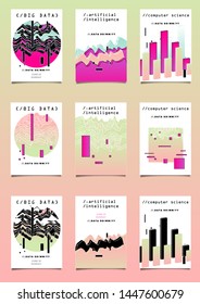 Set of vector posters with plots and infographic charts. Collection of glitch art retrofuturistic covers for programming and coding events. Cyberpunk/ vaporwave/ retrowave style design template.
