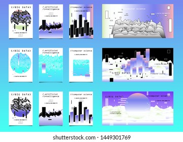 Set of vector posters with plots and infographic charts. Collection of glitch art retrofuturistic covers for programming and coding events. Cyberpunk/ vaporwave/ retrowave style design template.
