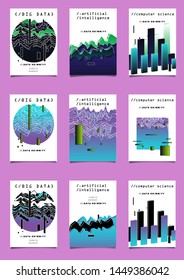 Set of vector posters with plots and infographic charts. Collection of glitch art retrofuturistic covers for programming and coding events. Cyberpunk/ vaporwave/ retrowave style design template.
