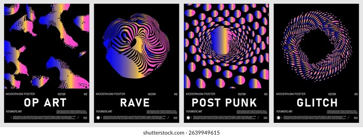 Set of vector posters in popular Y2K and op art style: holographic vibrant gradients on black backgrounds with warped dots, lines, and circular shapes. Trendy graphics with futuristic look.