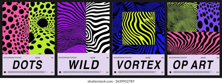 Set of vector posters in the popular Y2K op art style: bold warped dots and zebra stripes in neon green, pink, blue, yellow, purple, and black on light violet backgrounds. 