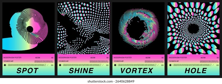 Set of vector posters in popular Y2K and op art style: vibrant gradients of pink, blue, cyan on black backgrounds with warped dots, lines, and circular shapes. Trendy graphics with futuristic look.