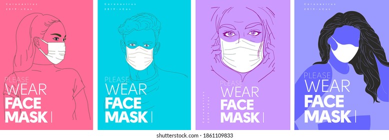 Set of vector posters. Poster - please wear a face mask. Line art, People in medical masks. COVID-19