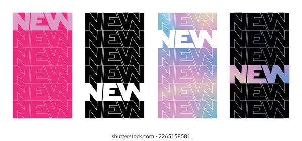 Set of vector posters with text NEW. Template for social media posts. Fill and outline. Ready. Increase subscriber engagement. Vertical banner 16:9. Trendy design, Minimalism and simplicity. Bold font