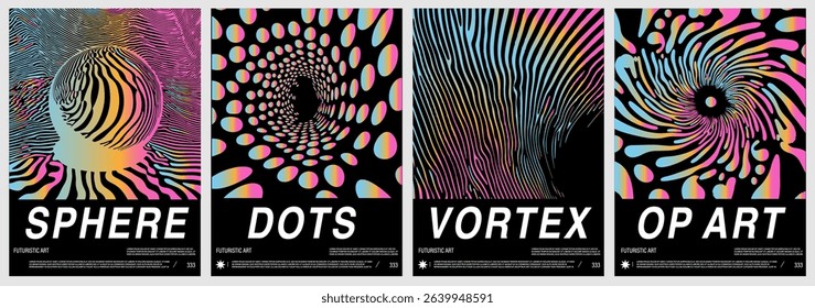 Set of vector posters in trendy Y2K op art style: each features abstract gradients of vibrant pink, yellow, blue on black with organic shapes—sphere, dots, vortex, and swirling lines.