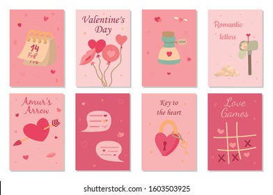 Set of vector posters for Valentine's Day. Postcards with hearts, love mail, romantic messages and other symbols of love.  