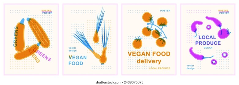 Set of vector posters with vegetables in risograph style. Zucchini, tomatoes, chili peppers and green onions. Vegan vintage concept.