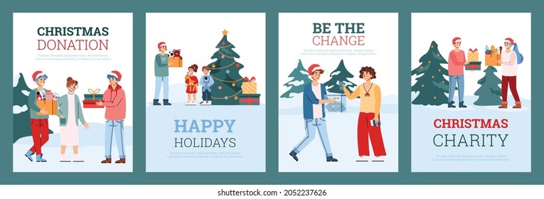 Set vector posters with volunteers gathering holiday donate for christmas charity to help needy people. Social charitable foundation for support poor people by new year donations