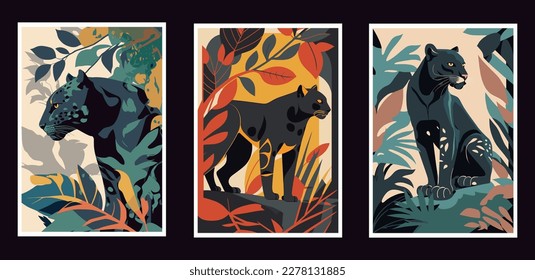 Set of vector posters with wild animals silhouettes, exotic plants and leaves. wall art print poster