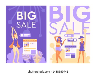 Set of vector posters. Women enjoy shopping and discounts. Women love their body, body positive, feminism. Big sizes. Sick summer sale, big discounts. Flat style