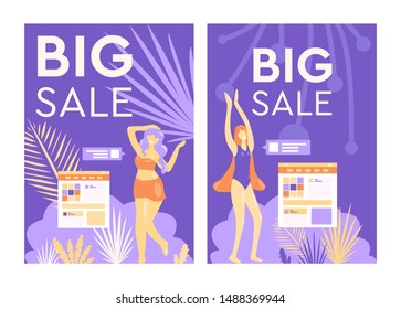 Set of vector posters. Women enjoy shopping and discounts. Women love their body, body positive, feminism. Big sizes. Sick summer sale, big discounts. Flat style