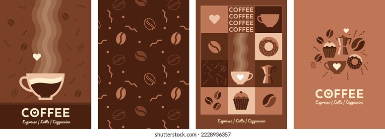 Set of vector posters for your projects. Isolated coffee elements and patterns. Simple minimalistic flat design style. Coffee, cafes, coffee houses, types of drinks. Italian coffee. Breakfast.