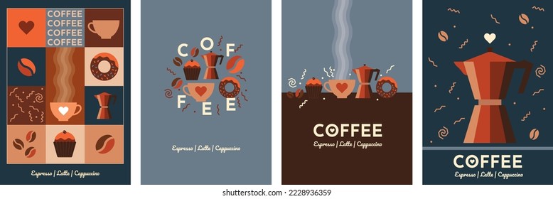 Set of vector posters for your projects. Isolated coffee elements and patterns. Simple minimalistic flat design style. Coffee, cafes, coffee houses, types of drinks. Italian coffee. Breakfast.