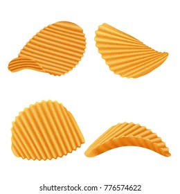 Set of vector potato rippled chips, on white background.