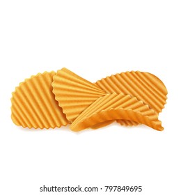 Set of vector potato rippled chips, on white background.