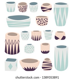 Set of vector pots for flowers. Vector flowerspots in pastel colors