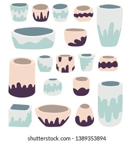 Set of vector pots for flowers. Vector flowerspots in pastel colors