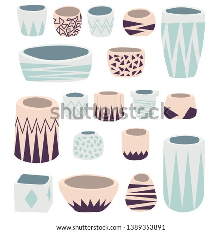 Set of vector pots for flowers. Vector flowerspots in pastel colors