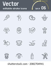 Set of vector pregnancy and childhood line icons isolated on transparent background. Editable stroke
