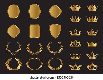 Set of vector Premium Laurel, shields and Crowns icons on black background. EPS Vector Illustration. Emblem and symbols.