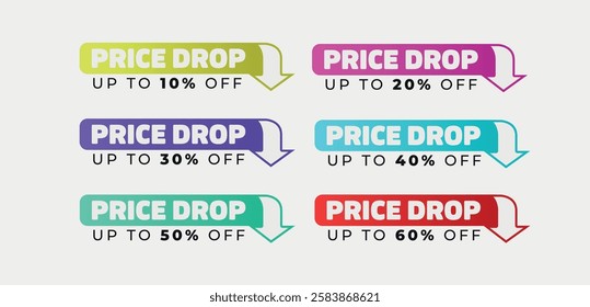 Set of vector price drop different percentages.