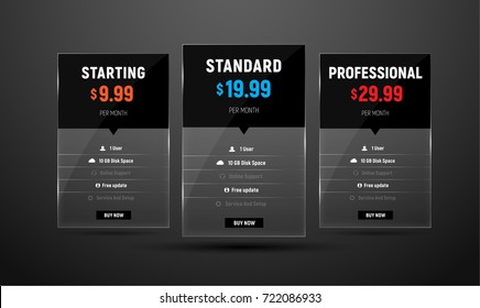 Set of vector price tables for a web site. Template with a glass and glossy effect on black, and colored text and an arrow.