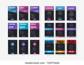 Set of vector price tables for web sites. Templates of black banners with multi-colored gradients, list and button.