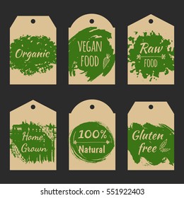 Set of vector price tag label for natural product with grunge hand drawn texture. Fresh healthy organic vegan food.