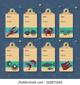 Set of vector price tags for seafoods and sushi.