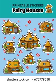 Set of vector printable stickers. Cartoon houses with yellow roofs, gnome house, little home, cottage, magic cabin. Funny arts, perfect for diary, stationery, notebook, schedule