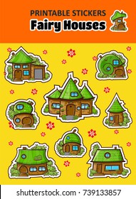 Set of vector printable stickers. Kawaii Cartoon houses, funny childish design